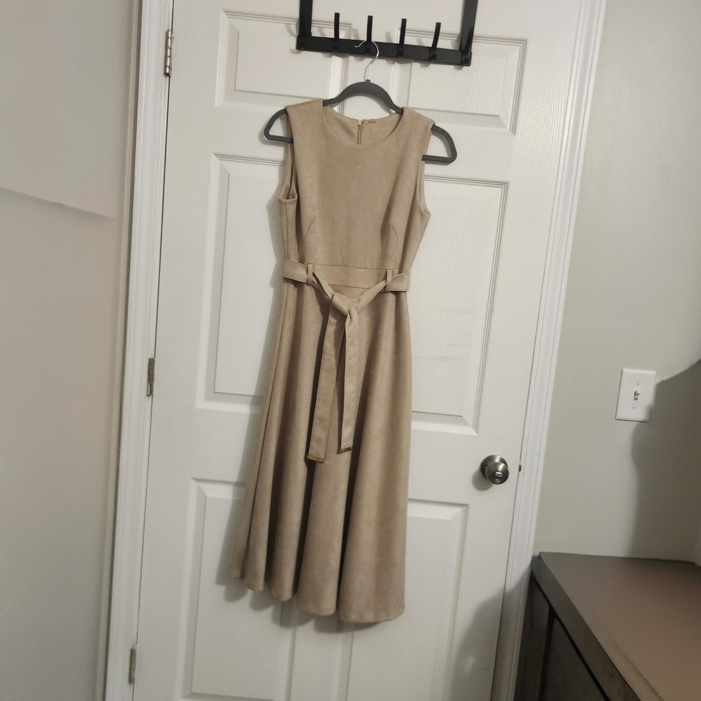 Calvin Klein Sleeveless Midi Dress in Beige with Tie Belt
